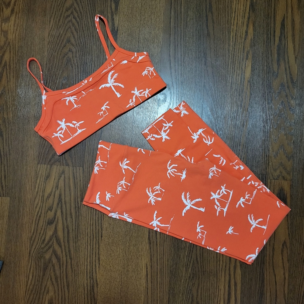 NEW Orange 2pc SET American Apparel PALM TREE Print Sports Tank Bra Legging Sz M